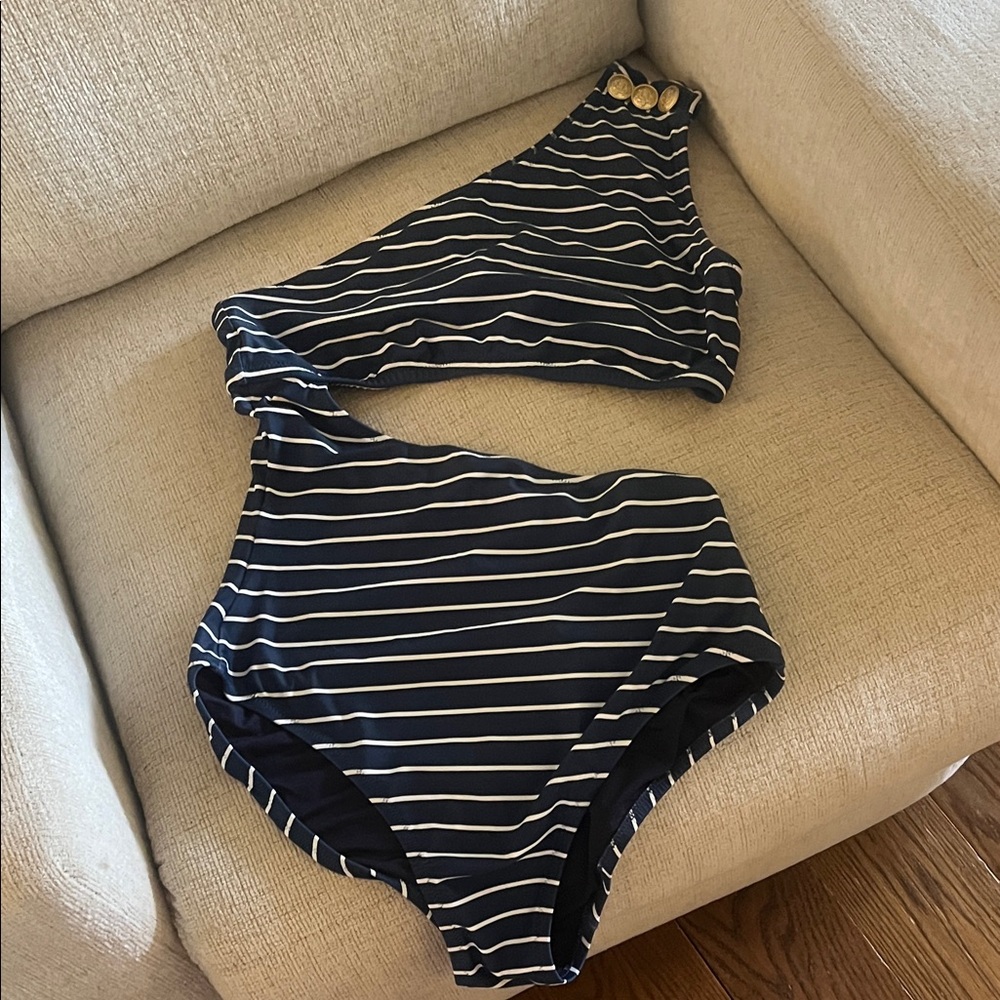 J. Crew Navy and White Striped One-Shoulder Swimsuit